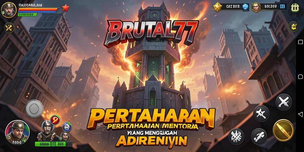 Tangkapan layar BRUTAL77 menunjukkan aksi menara pertahanan yang dinamis.