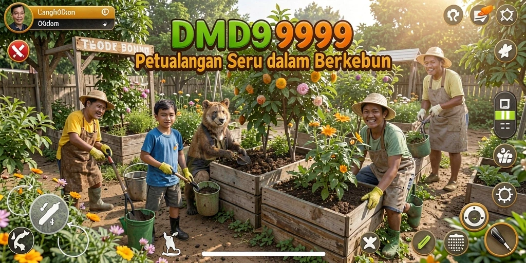 Screenshot gameplay DMD999 menampilkan kebun yang subur dan interaksi aktif dengan hewan.