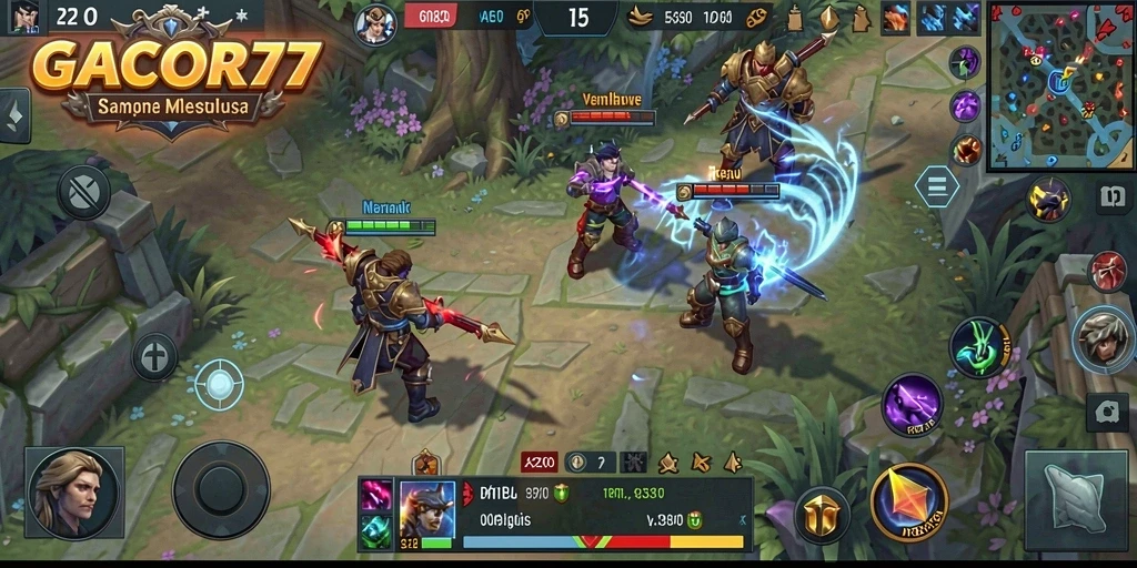 Tangkapan layar utama GACOR77 menampilkan aksi seru dalam pertandingan MOBA.