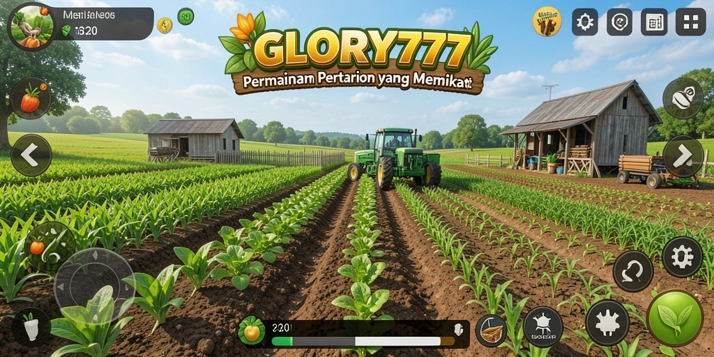 Tampilan gameplay GLORY777 yang menunjukkan aktivitas bertani yang seru.