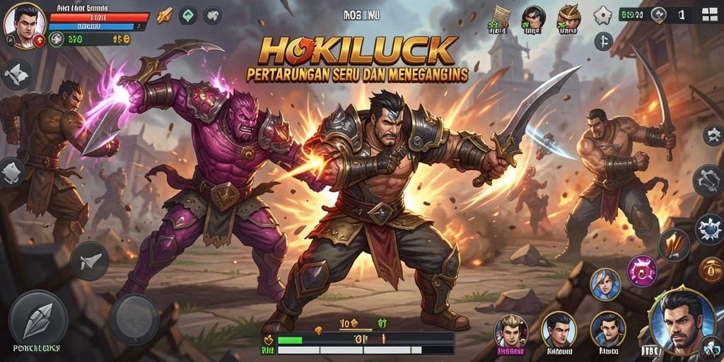 Screenshot gameplay HOKILUCK menampilkan pertarungan intens dengan karakter unik.