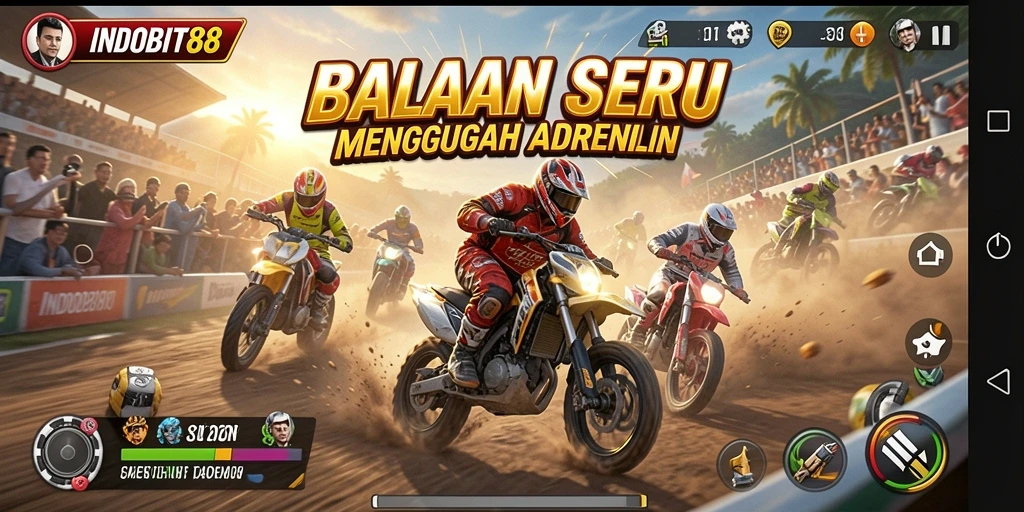 Tangkapan layar gameplay INDOBIT88 menunjukkan balapan seru di lintasan yang menantang.