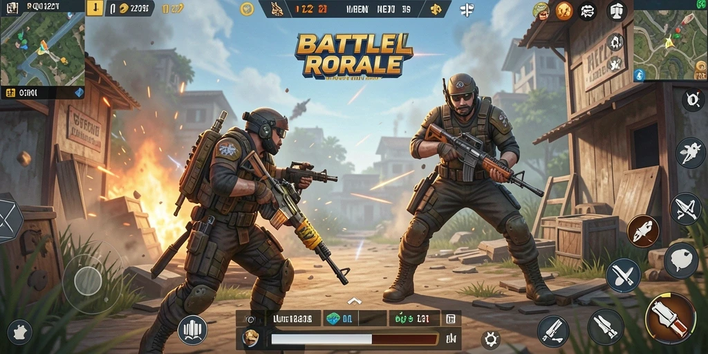 Tangkapan layar permainan <strong>QQ1221</strong> menunjukkan pertempuran Battle Royale yang mendebarkan.