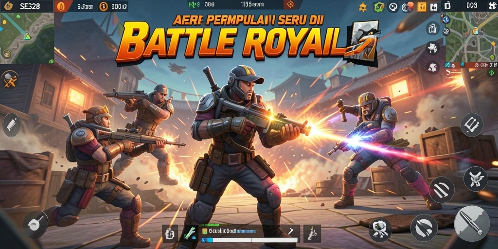 Screenshot menampilkan gameplay pertempuran intens di arena Battle Royale.