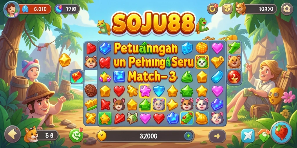 Screenshot gameplay <strong>SOJU88</strong> menunjukkan aksi mencocokkan yang seru.